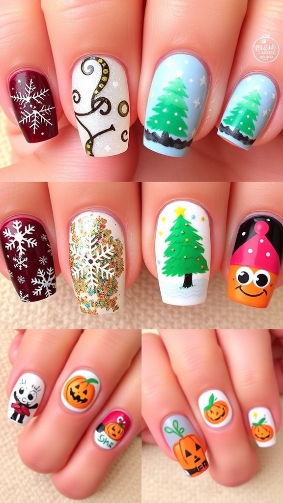 Festive nail designs for Christmas and Halloween with snowflakes, Christmas trees, and pumpkins.